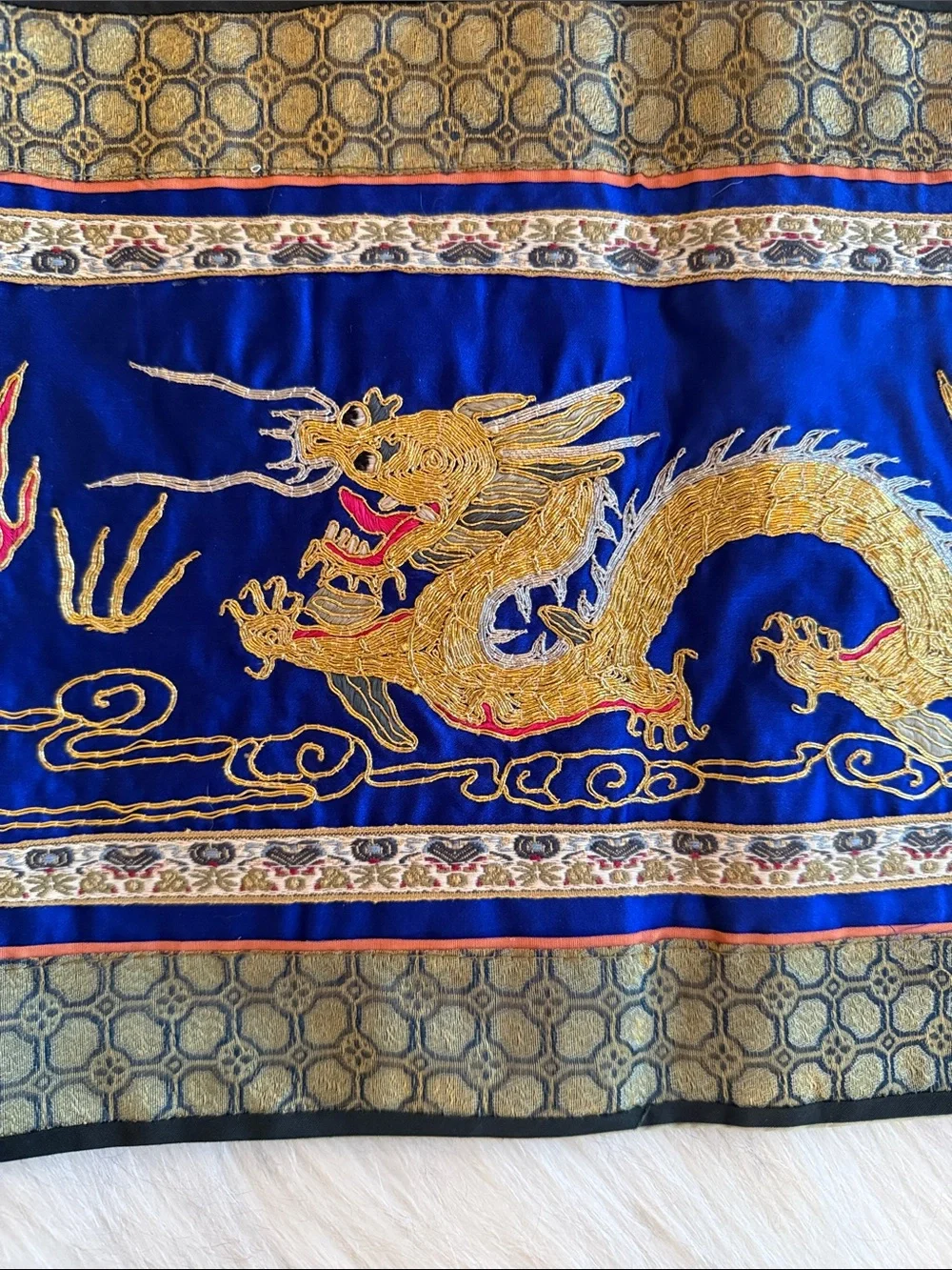 Vintage Embroidered Golden Dragon Table Scarf Handmade